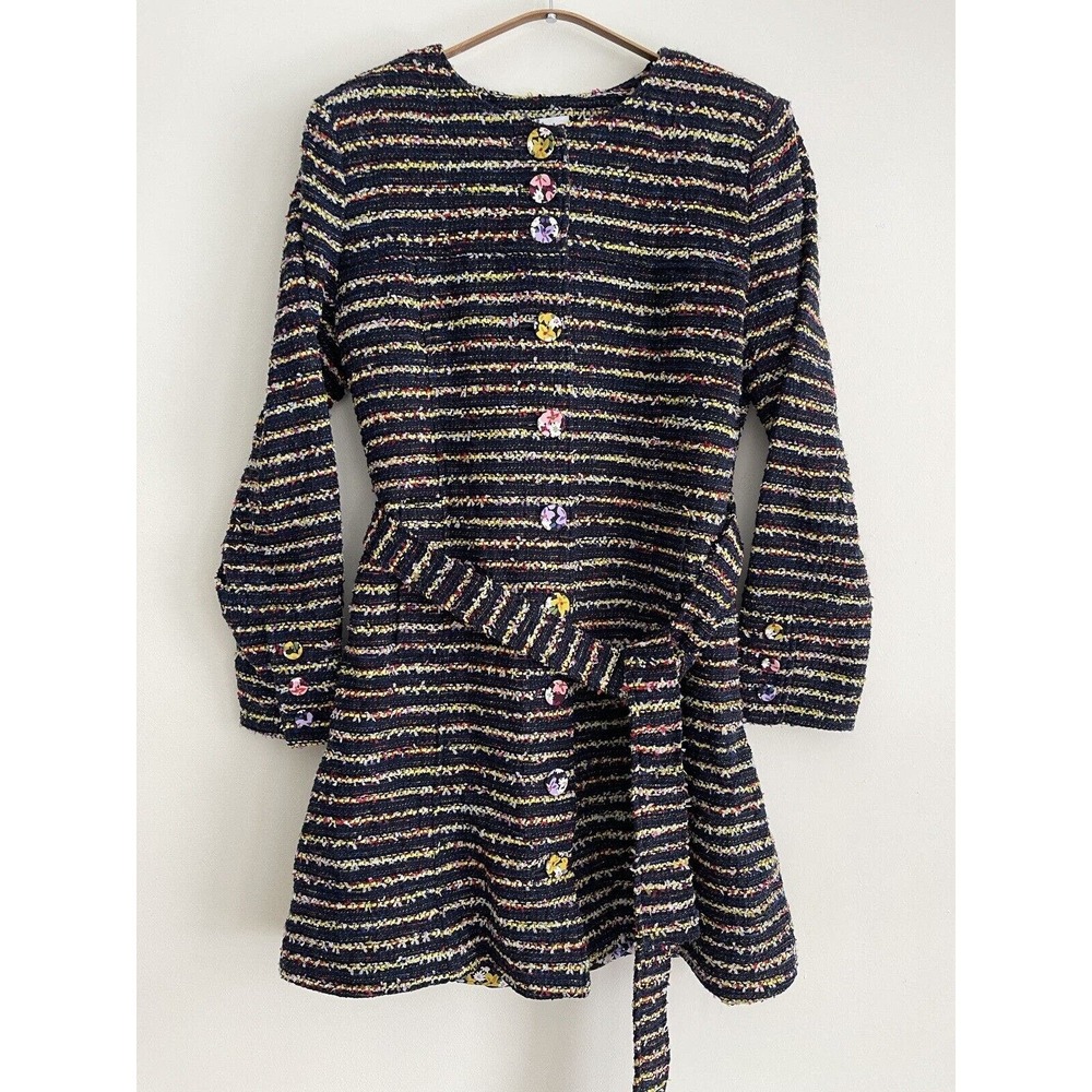 Cabi Women’s headline topper Navy floral tweed coat belted button up size 8